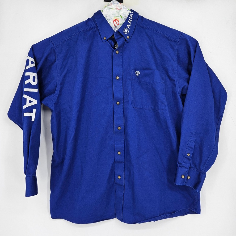 Ariat Shirt Mens Extra Large Button Down Blue Embroidered Spell Out Western